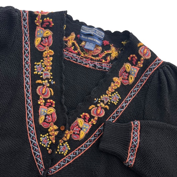herman geist Sweaters - Herman Geist Sm Black Floral Hand Embroidered Wool Cardigan, Sweater Cottagecore